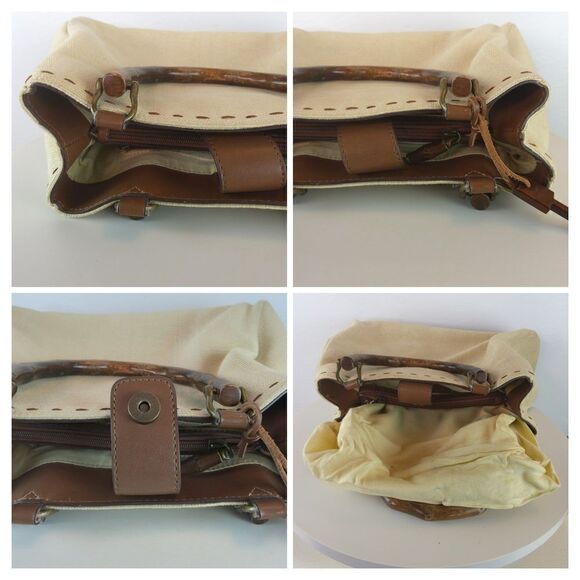 Fossil cream fabric handbag with leather trim, and faux wood handles - Picture 12 of 12